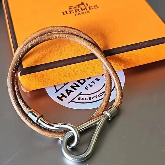 Hermes Leather Silver and Brown double bracelet - Picture 1 of 4